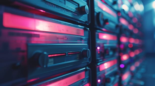 A row of large metal cabinets with red and blue lights