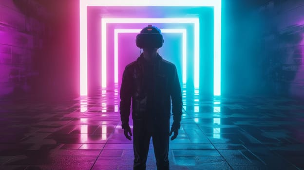 A person standing in a hallway with neon lights behind him