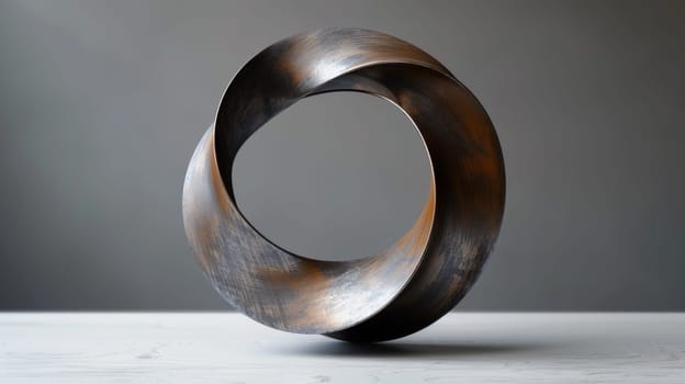 A sculpture of a metal spiral on top of white table