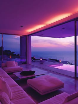 An interior design event featuring a living room with shades of purple lights, magenta pillows, and a stunning view of the ocean at dusk