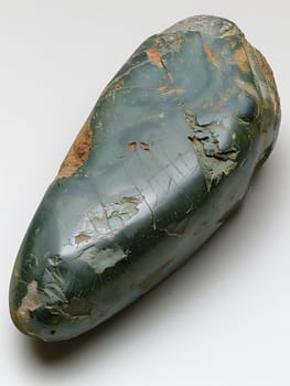 A natural green rock, possibly a gemstone, rests on a white surface. It could be used as jewelry or a fashion accessory