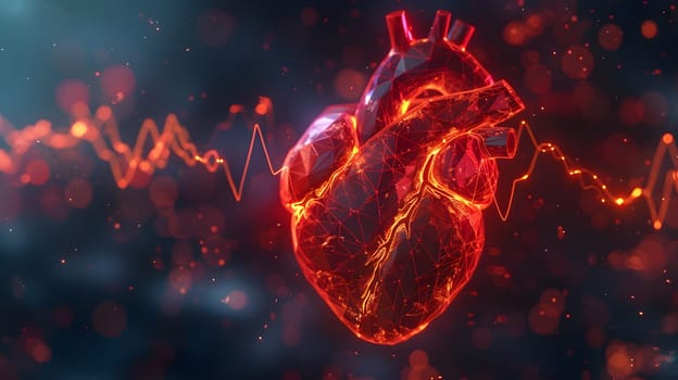 A digitally created image of a heart emitting a vibrant electric blue heartbeat line, symbolizing life and the flow of energy in an organism within a space of technological innovation