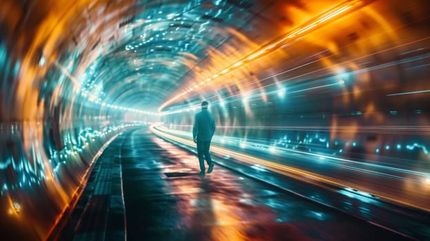 A man walking down a tunnel with lights and blurry images