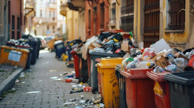 A row of trash cans and other garbage on a city street