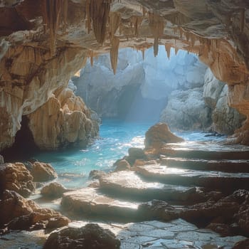A spacious cave hosts a clear pool of water, creating a striking natural formation.