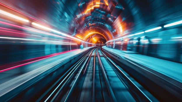 A train is moving through a tunnel with bright lights