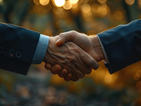 Two professionals engage in a firm handshake, symbolizing agreement or partnership, against a warm illuminated bokeh background.