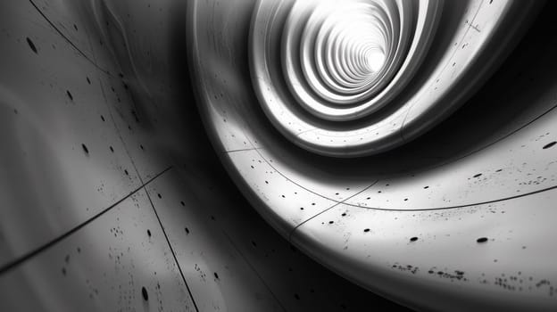 A black and white photo of a spiral tunnel with holes in it