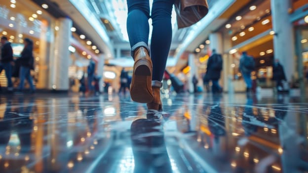 A person walking on a shiny floor with people in the background