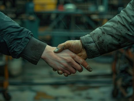 Close-up of a firm handshake between two professionals, symbolizing a deal or partnership in an industrial environment.