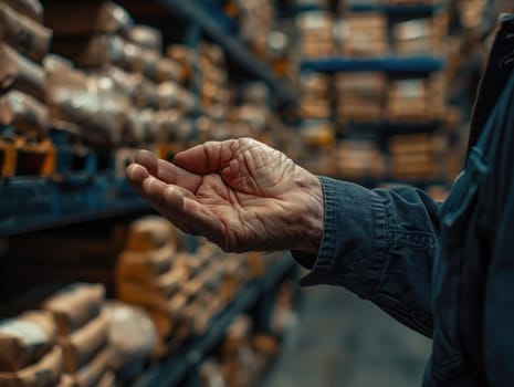 Close-up view of an outstretched hand in a handshake gesture, with a blurred warehouse background, symbolizing agreement, cooperation, and partnership.