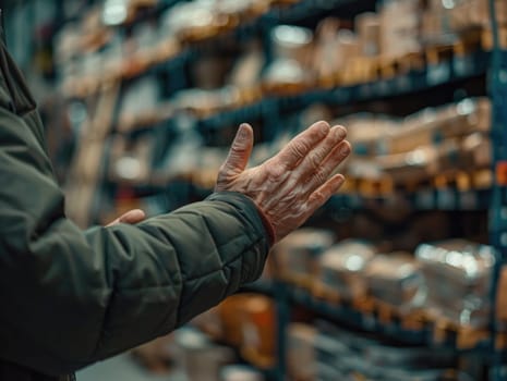 A close-up shot captures the moment of a handshake in a warehouse, symbolizing partnership and agreement amidst shelves of goods.