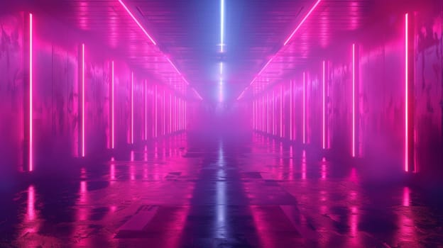 A long hallway with neon lights and a lot of people