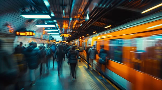 A group of people walking in a subway station next to an orange train