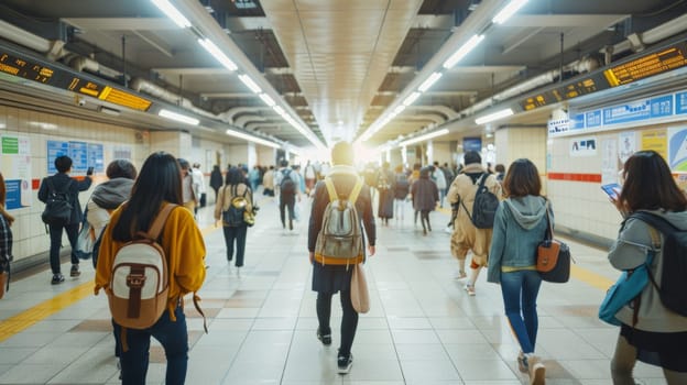 A group of people walking down a subway platform with backpacks