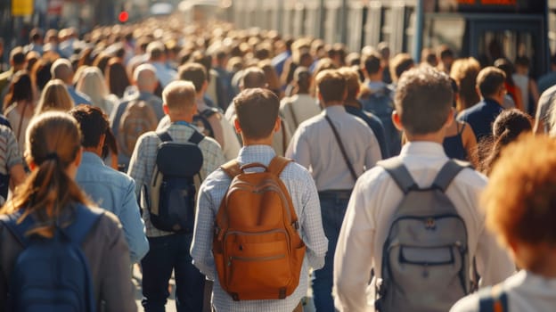 A large group of people walking down a street with backpacks