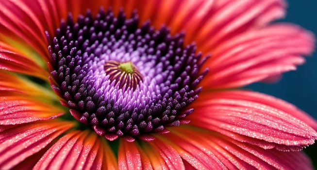 The image shows a close-up view of a bright pink flower with a purple center and droplets of water on its petals.