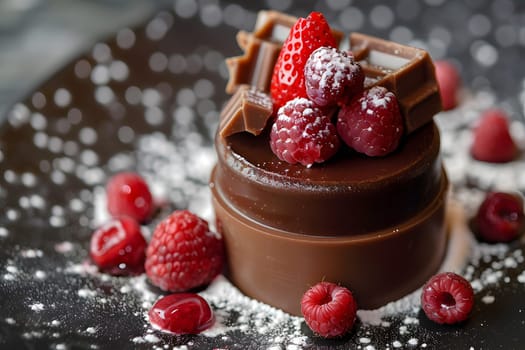 A decadent chocolate dessert garnished with fresh raspberries and a dusting of powdered sugar, served on elegant tableware. A sweet treat perfect for any cuisine lover