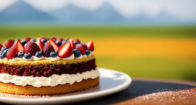 The image shows a cake with strawberries, blueberries, and whipped cream on top, sitting on a white plate with a view of mountains in the background.