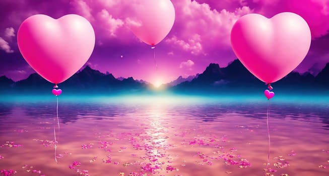 The image shows three pink heart shaped balloons floating in the sky over a body of water with mountains in the background.