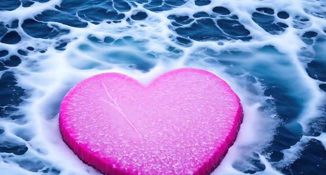 The image shows a pink heart floating in the ocean with waves crashing around it.