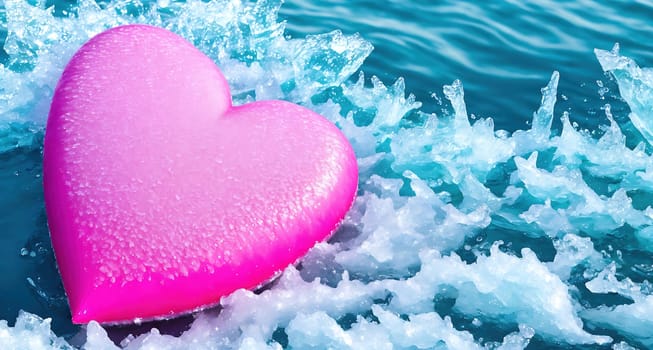 The image shows a pink heart floating in the ocean surrounded by ice.