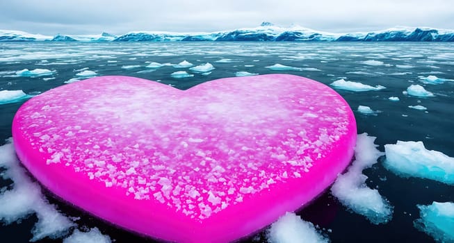 A pink heart shaped ice sculpture is floating in the middle of a frozen ocean with icebergs in the background.