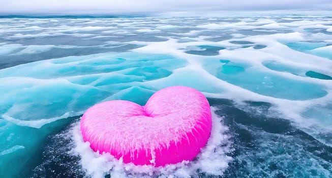 A pink heart shaped object is floating in a sea of ice.