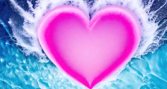 The image shows a pink heart shaped object floating in the middle of a large body of water with waves crashing around it.