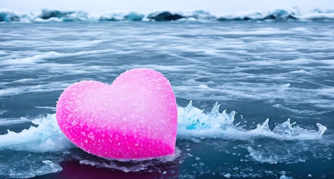 The image shows a pink heart shaped ice sculpture floating in the middle of a large body of water surrounded by icebergs.