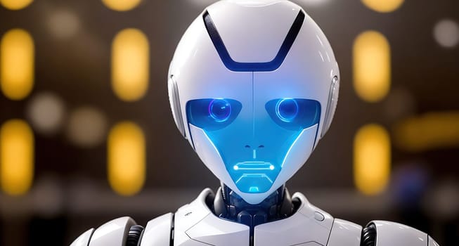 The image shows a robot with blue eyes and a white face, wearing a suit and tie.