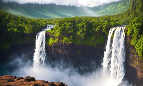 The image shows a waterfall in the middle of a lush green forest with clouds in the background.