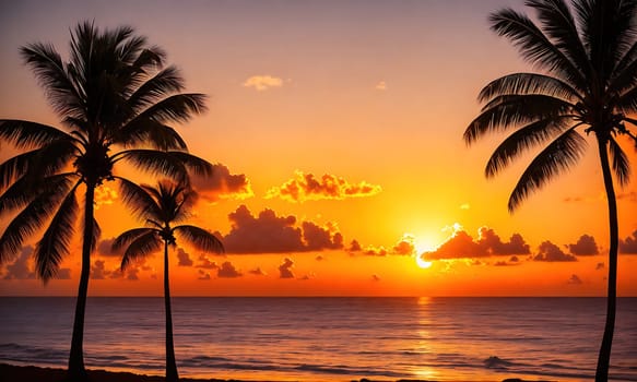 The sun sets over the ocean with palm trees in the foreground.