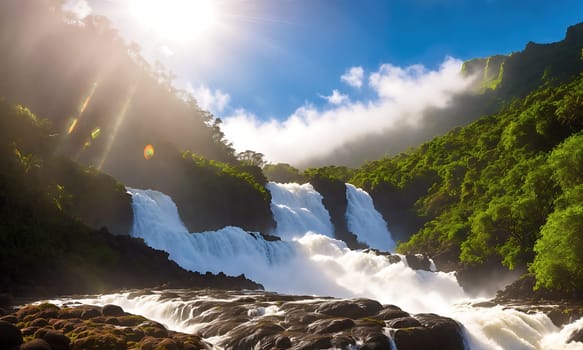 The image shows a beautiful waterfall in the middle of a lush green forest, surrounded by tall trees and mountains in the background. The sun is shining brightly in the sky, casting a warm glow on the waterfall and the surrounding area.