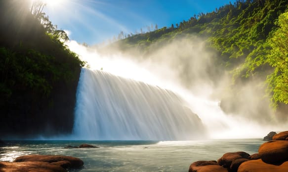 The image shows a large waterfall with a lot of water flowing down it. The sun is shining brightly in the background, and there are rocks in the foreground.