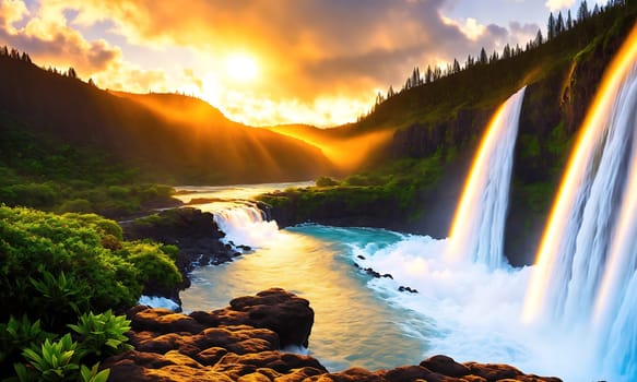 The image shows a beautiful waterfall in the middle of a lush forest with the sun shining brightly in the background.