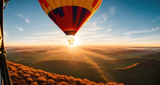 The image shows a hot air balloon flying over a mountain range at sunset.