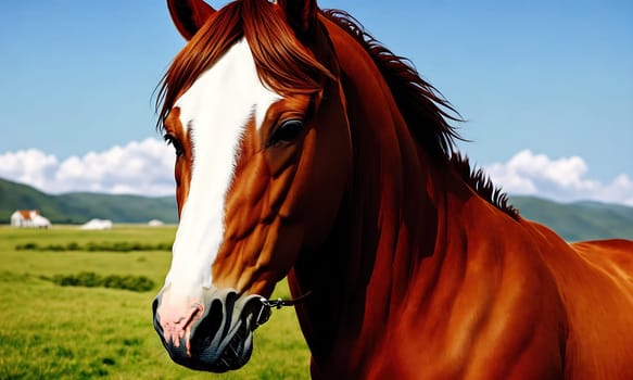 The image shows a brown horse with white spots on its face and a brown mane and tail, standing in a green field with mountains in the background.