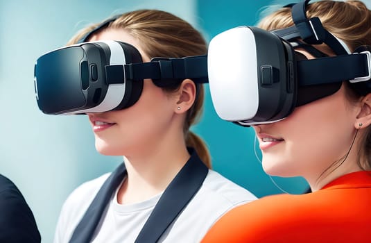 Two women wearing virtual reality headsets are looking at something in the distance.