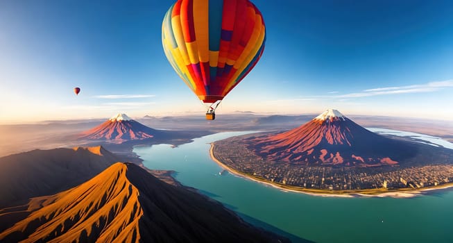 A hot air balloon flies over a mountain range with a lake in the foreground.
