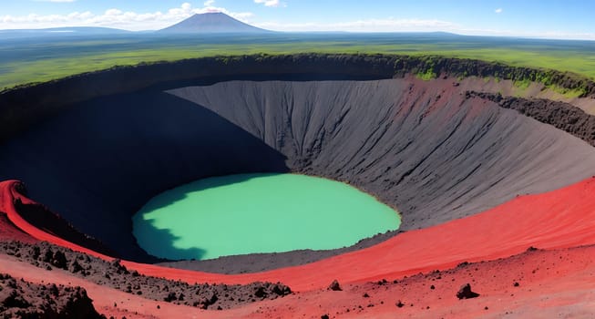 The image shows a large, red crater with a green center in the middle of a green field.