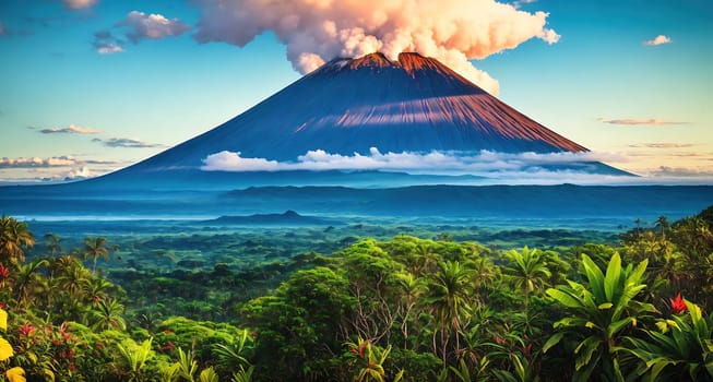 The image shows a volcano with smoke coming out of it in the middle of a lush green forest.