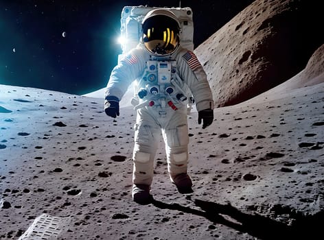 The image shows an astronaut standing on the surface of the moon, with the Earth visible in the background.