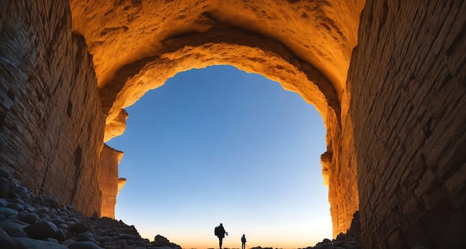 Two people stand in front of an archway in the ruins of an ancient city at sunset.