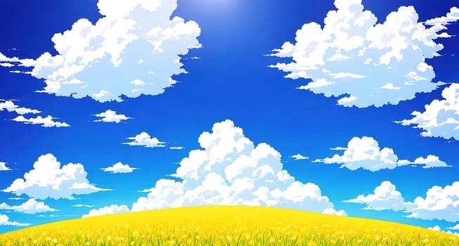 The image shows a field of yellow flowers with white clouds in the blue sky above.