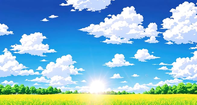 The image shows a beautiful green field with fluffy white clouds in the sky.