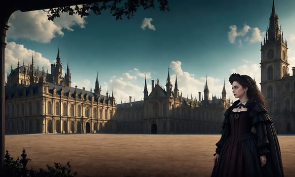 The image shows a woman in a black dress standing in front of a large, old building with many windows and spires.