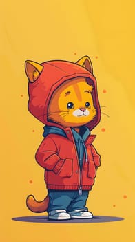 A cartoon cat in a red jacket with a hood is a creative arts illustration, painted with colorful art paint. It showcases child art with a playful gesture