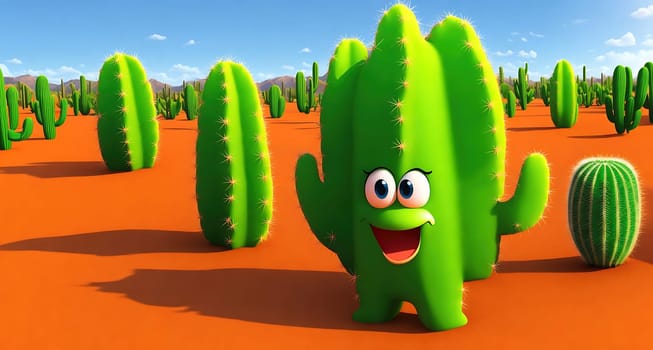 The image shows a cartoon cactus standing in the middle of a desert with other cacti around it.