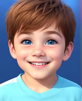 The image shows a young boy with brown hair and blue eyes, wearing a white shirt and smiling.